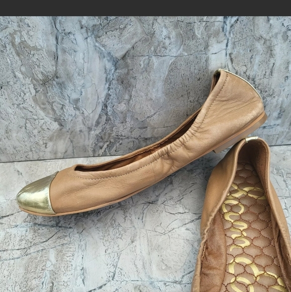 Sam Edelman Women's 7.5 Baxton 2 Tan Leather Gold Cap Toe Slip On Ballet Flats - Picture 8 of 11